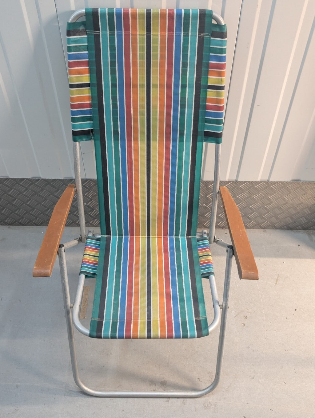 Vintage 1970s Folding Reclining Garden Chair Retro Striped Camping Deck Chair