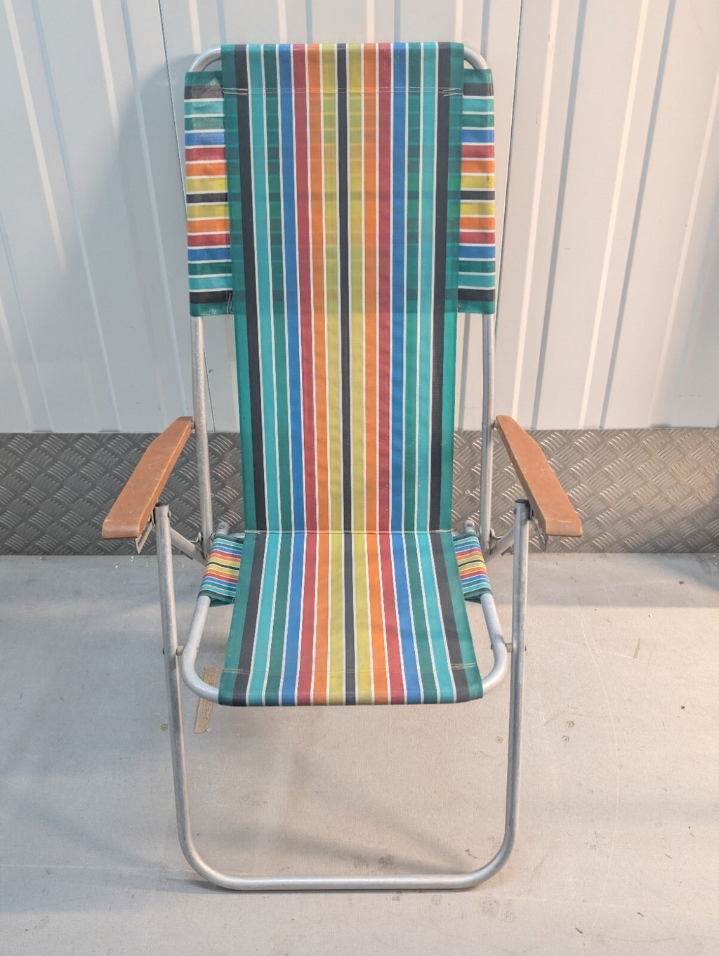 Vintage 1970s Folding Reclining Garden Chair Retro Striped Camping Deck Chair