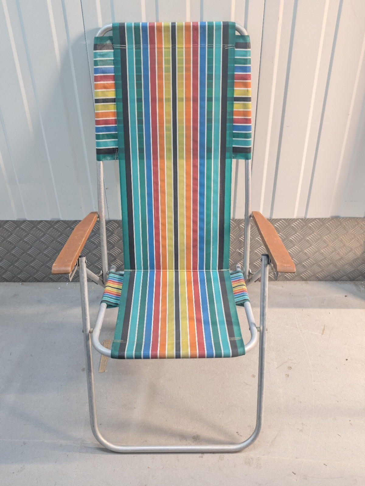 Vintage 1970s Folding Reclining Garden Chair Retro Striped Camping Deck Chair