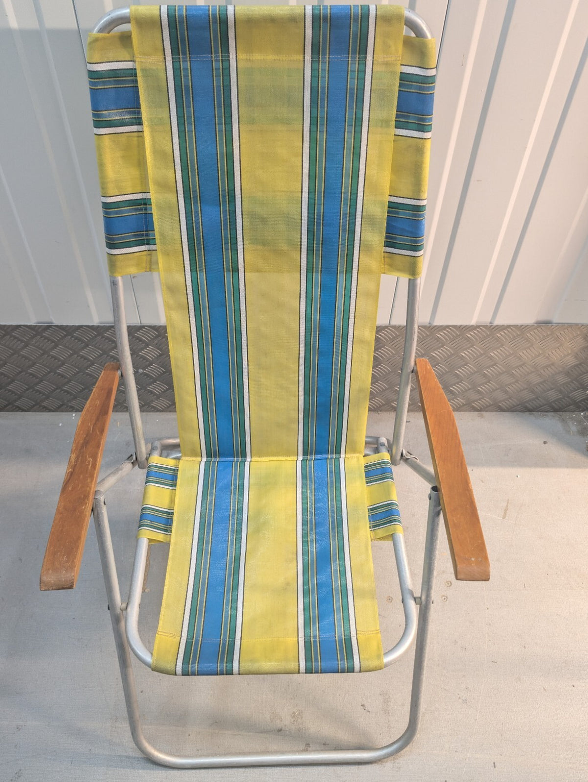 Vintage 1970s Folding Reclining Garden Chair Retro Striped Camping Deck Chair