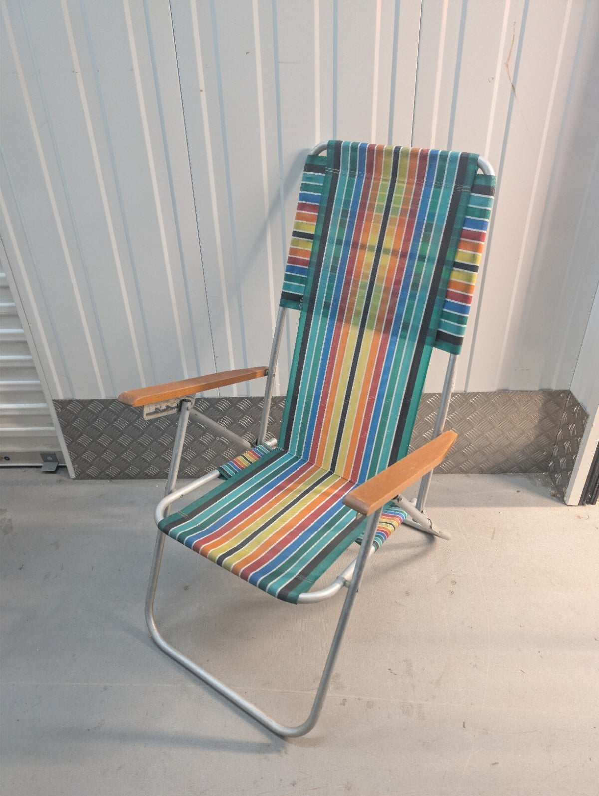 Vintage 1970s Folding Reclining Garden Chair Retro Striped Camping Deck Chair