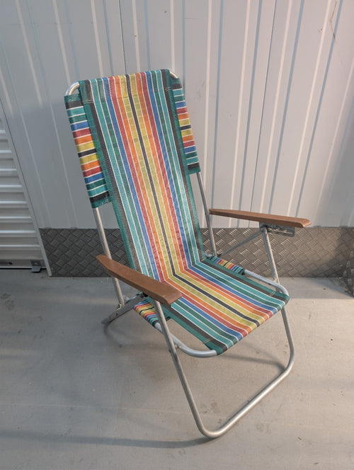 Vintage 1970s Folding Reclining Garden Chair Retro Striped Camping Deck Chair